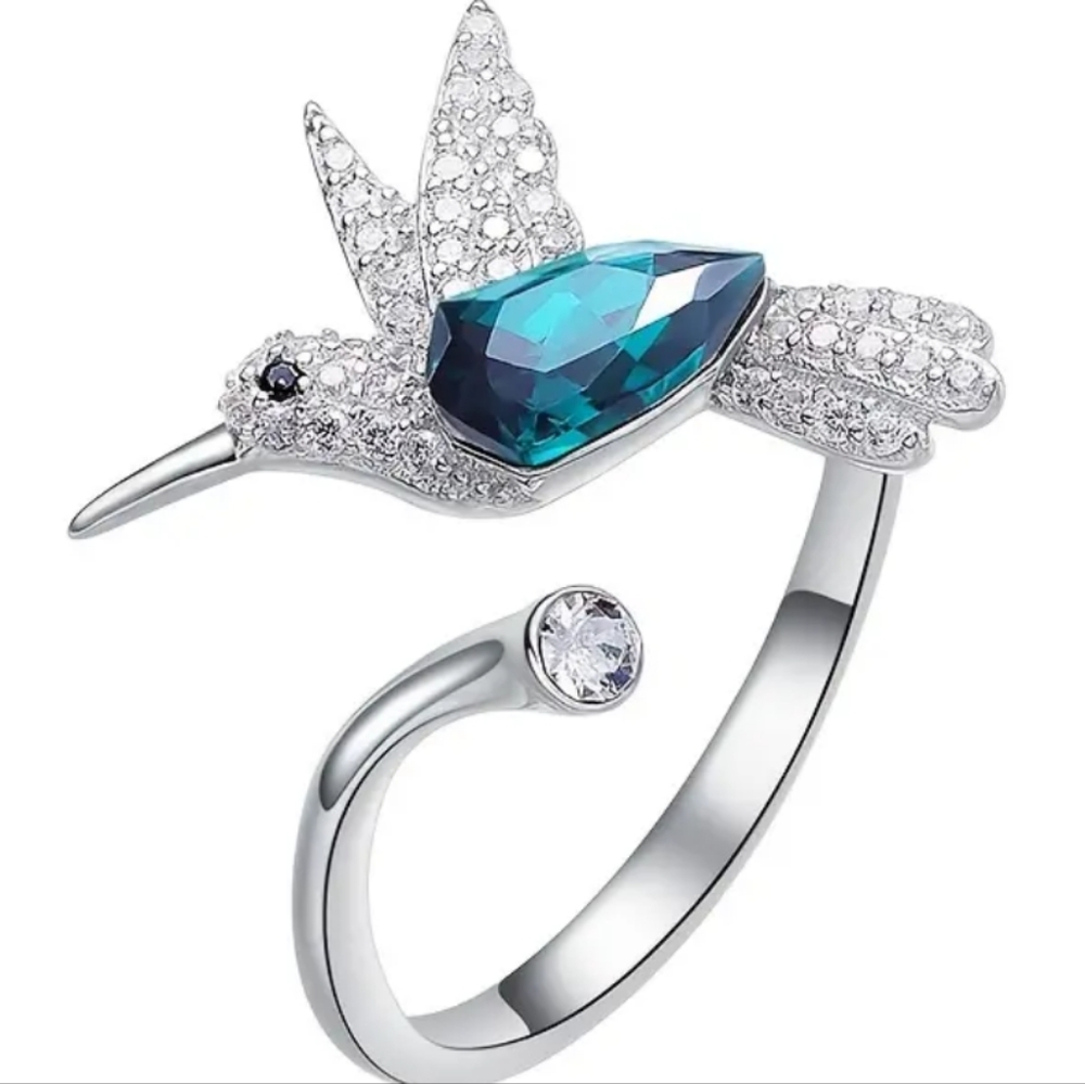 925 Sterling Silver Plated Alloy CZ Hummingbird Opens Ring